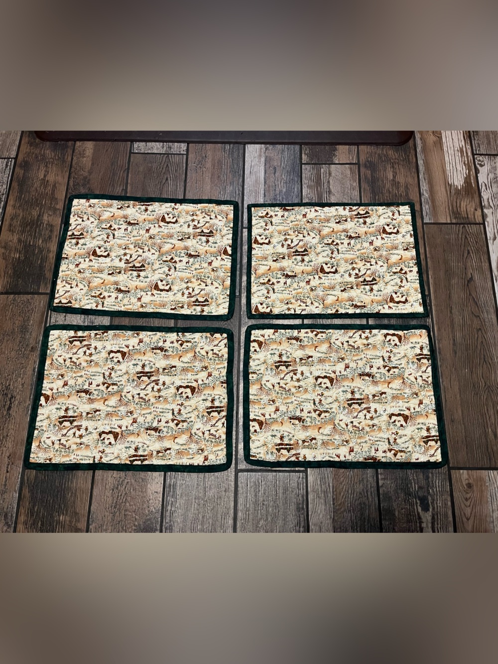 Set of 4 Quilted Wildlife Print Placemats with Dark Green Border